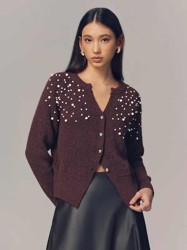 Pearl Embellished Wool Blend Cardigan sold by COMMENSE