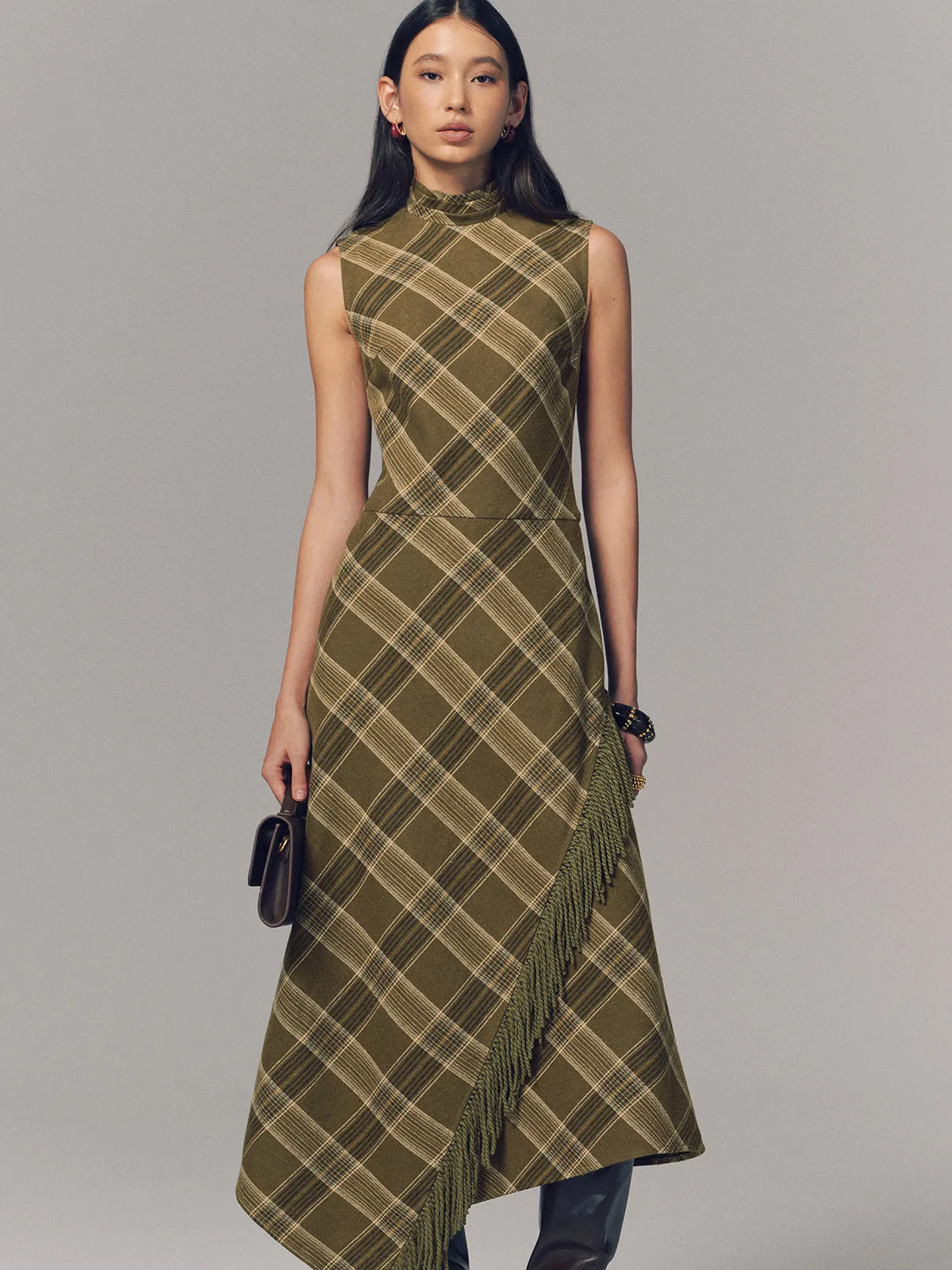 Plaid Fringe Sleeveless Cotton Maxi Dress sold by COMMENSE product image thumbnail 5