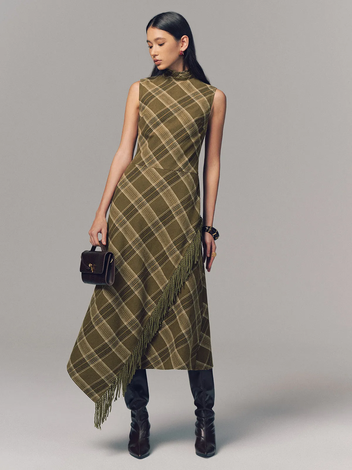 Plaid Fringe Sleeveless Cotton Maxi Dress sold by COMMENSE