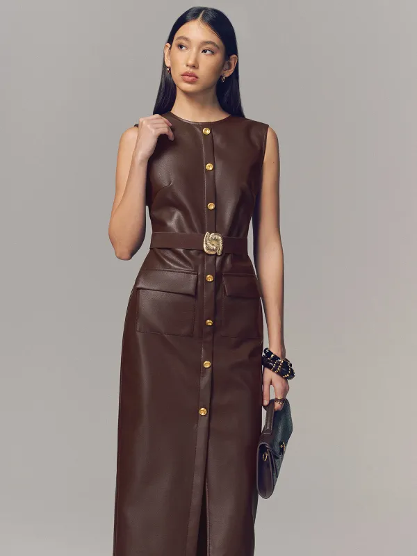 Belted Metal Button Faux Leather Sleeveless Maxi Dress made by COMMENSE