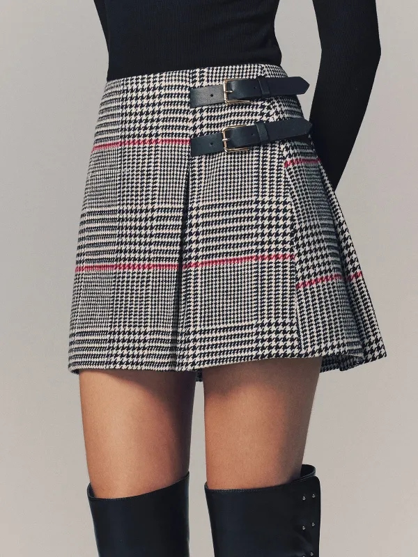 Double Belt Accent Houndstooth Mini Skirt sold by COMMENSE