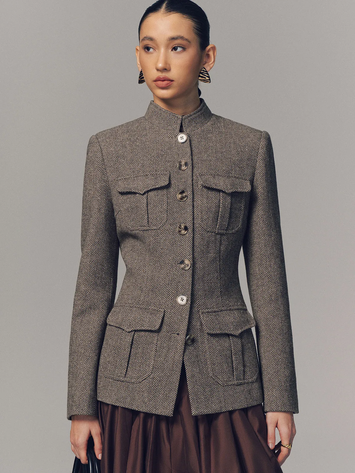 Herringbone Stand Collar Multi-Pocket Jacket sold by COMMENSE product image thumbnail 5