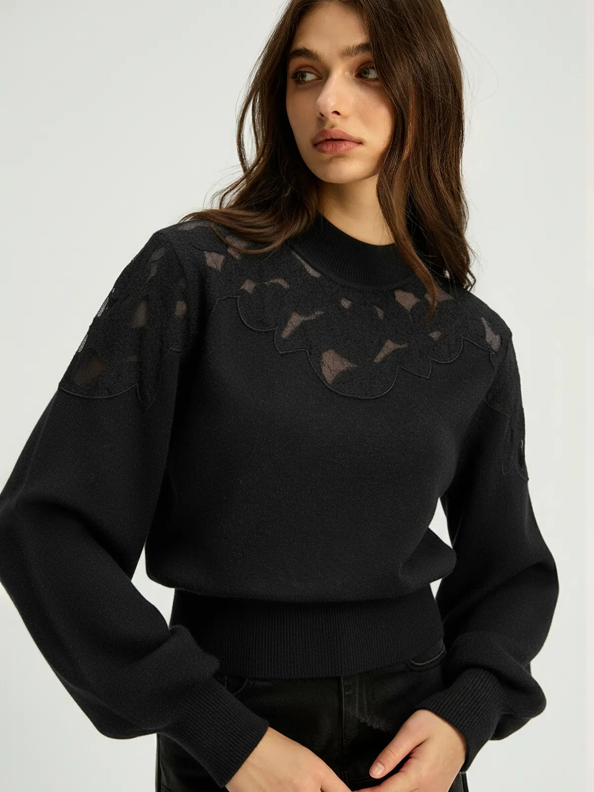 Mock Neck Lace Panel Sweater sold by COMMENSE
