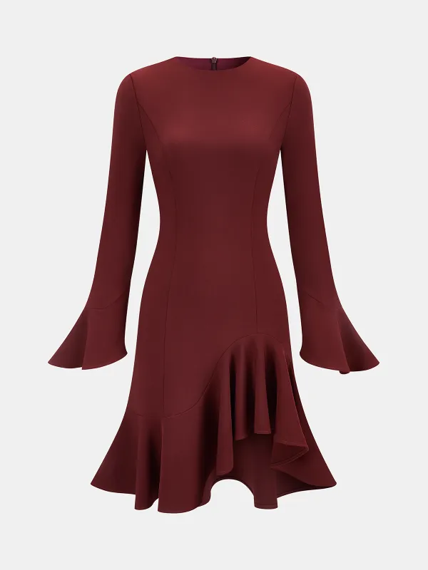 Bell Sleeve Asymmetrical Ruffle Fitted Dress sold by COMMENSE