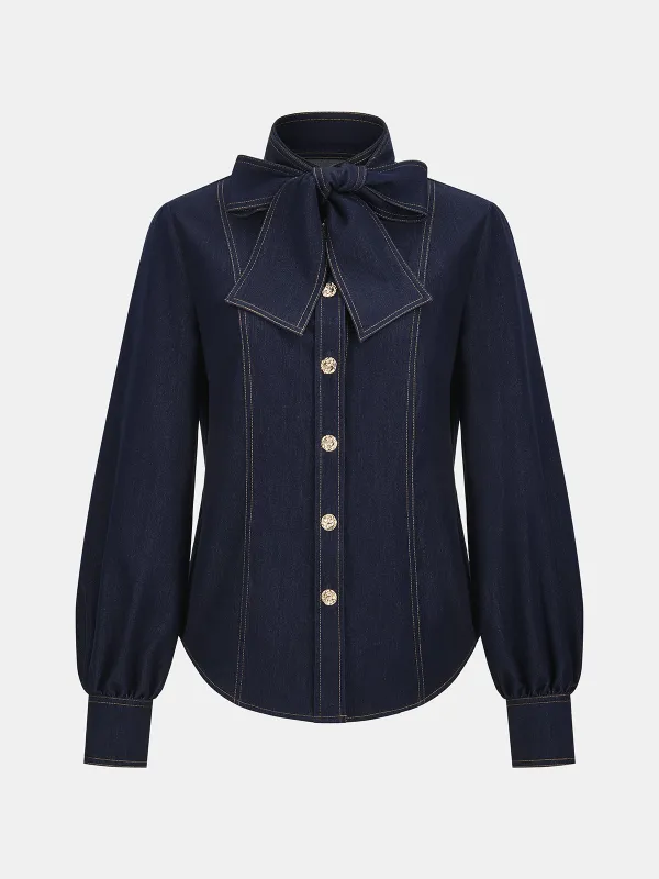 Bow Neck Denim Shirt made by COMMENSE