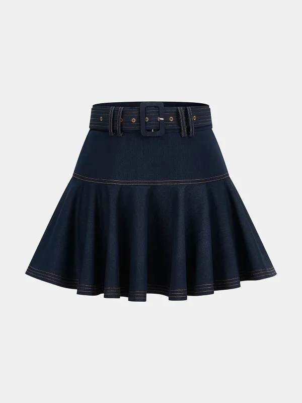 Denim Belted A-Line Mini Skirt sold by COMMENSE