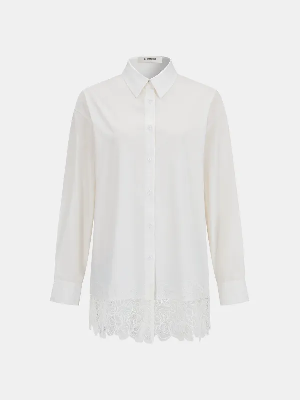 Cotton Long Sleeve Lace Hem Shirt sold by COMMENSE