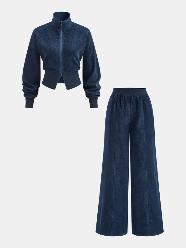 Velvet Zip-Up Jacket & Wide-Leg Pants Set sold by COMMENSE