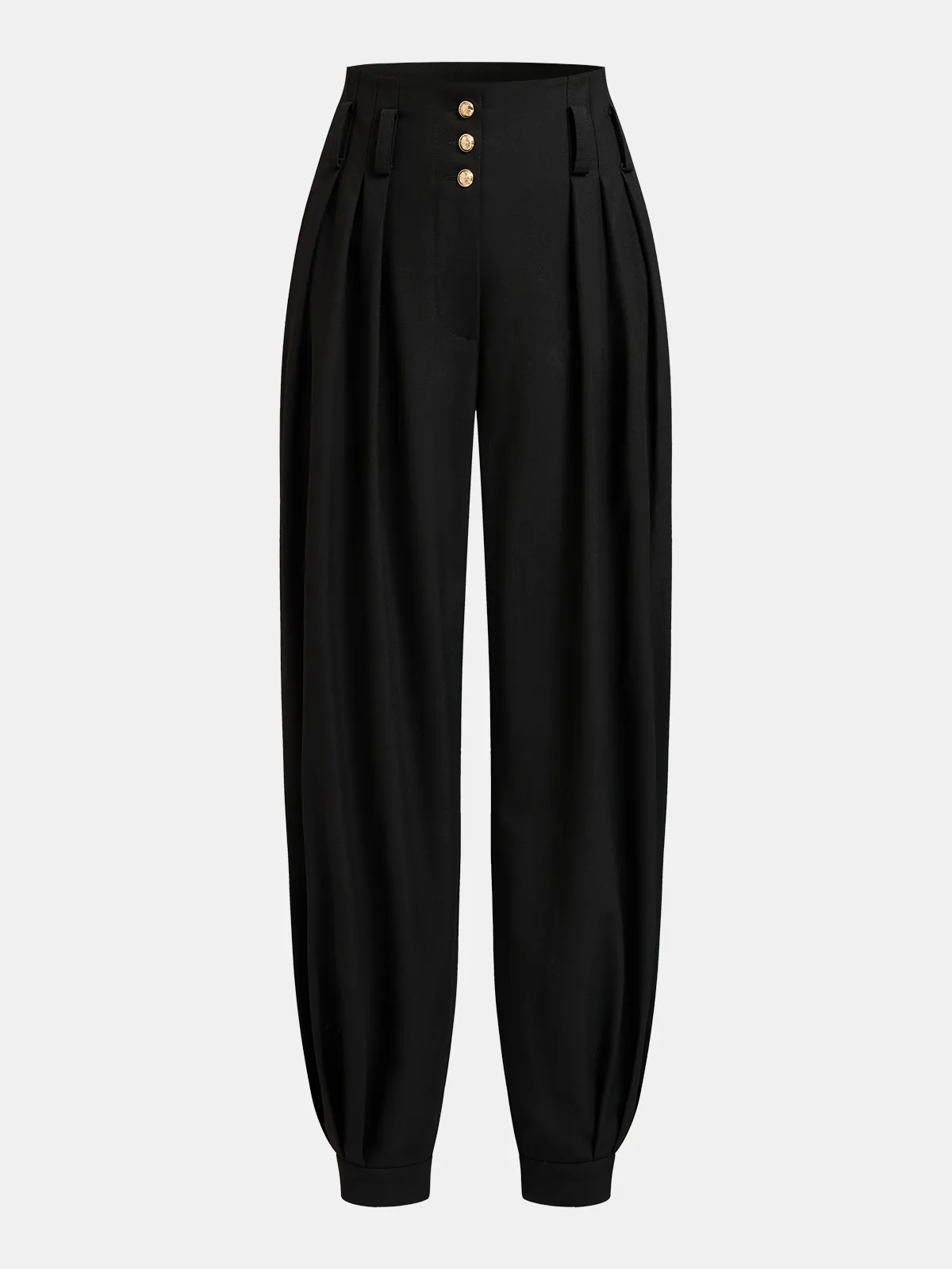 High-Waisted Pleated Metal Button Harem Pants sold by COMMENSE
