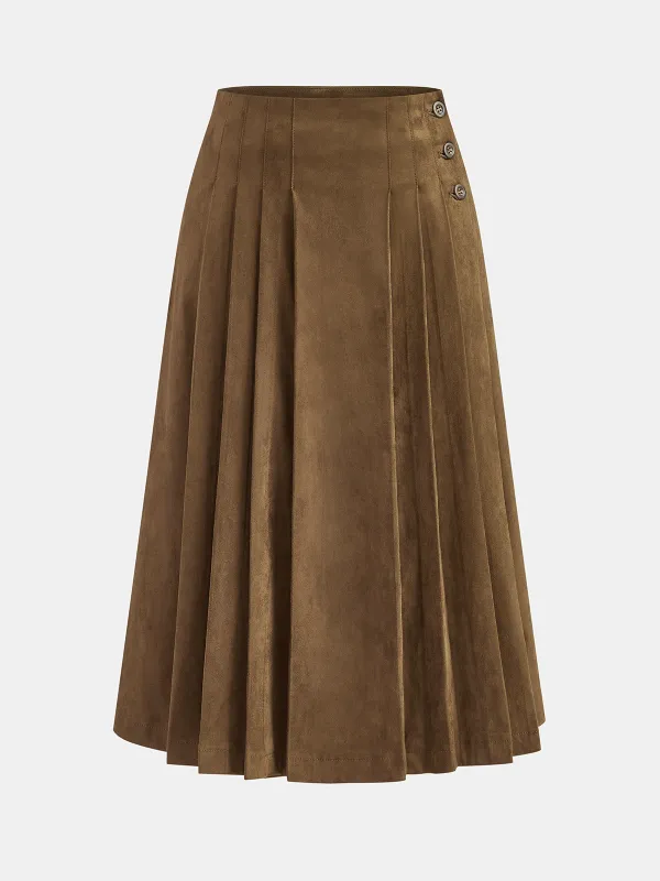 Suede Effect Pleated Button Detail Midi Skirt sold by COMMENSE