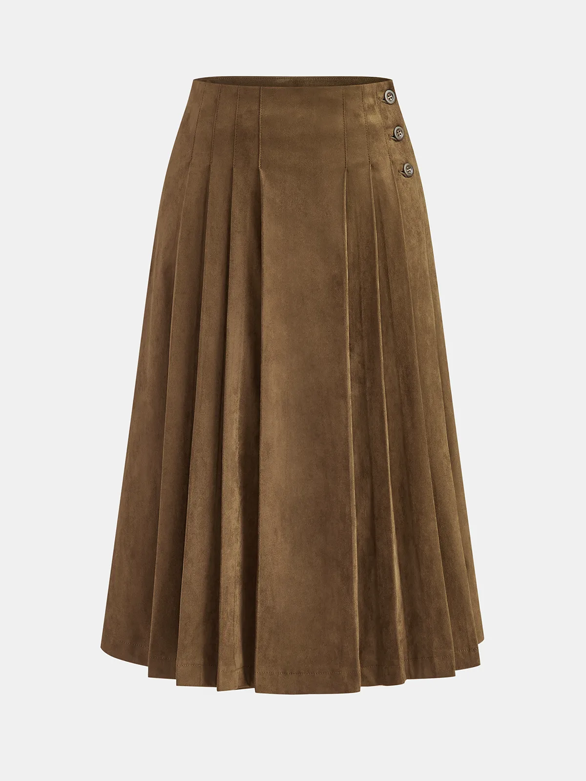 Suede Effect Pleated Button Detail Midi Skirt sold by COMMENSE