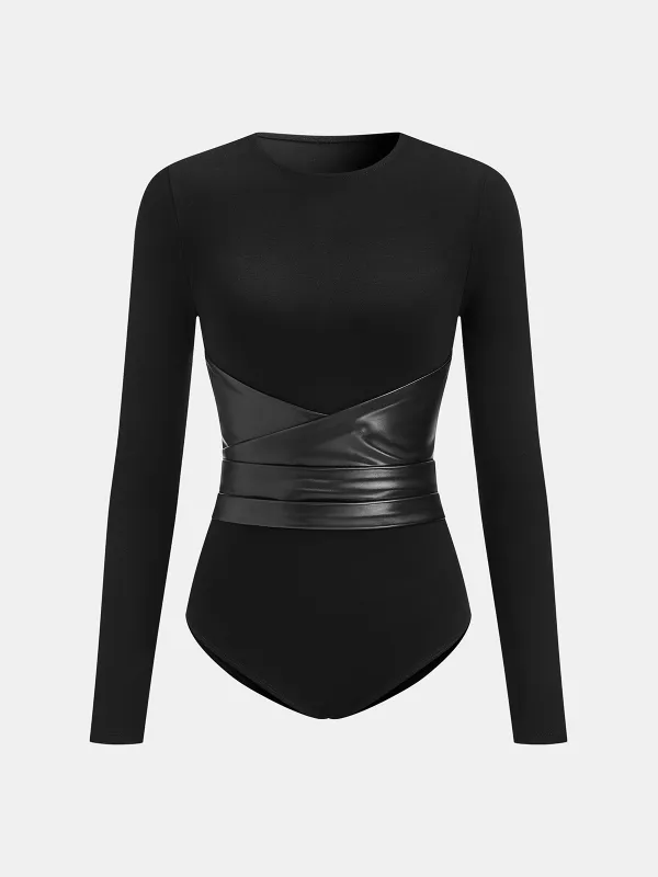 Faux Leather Corset Waist Long-Sleeve Bodysuit sold by COMMENSE