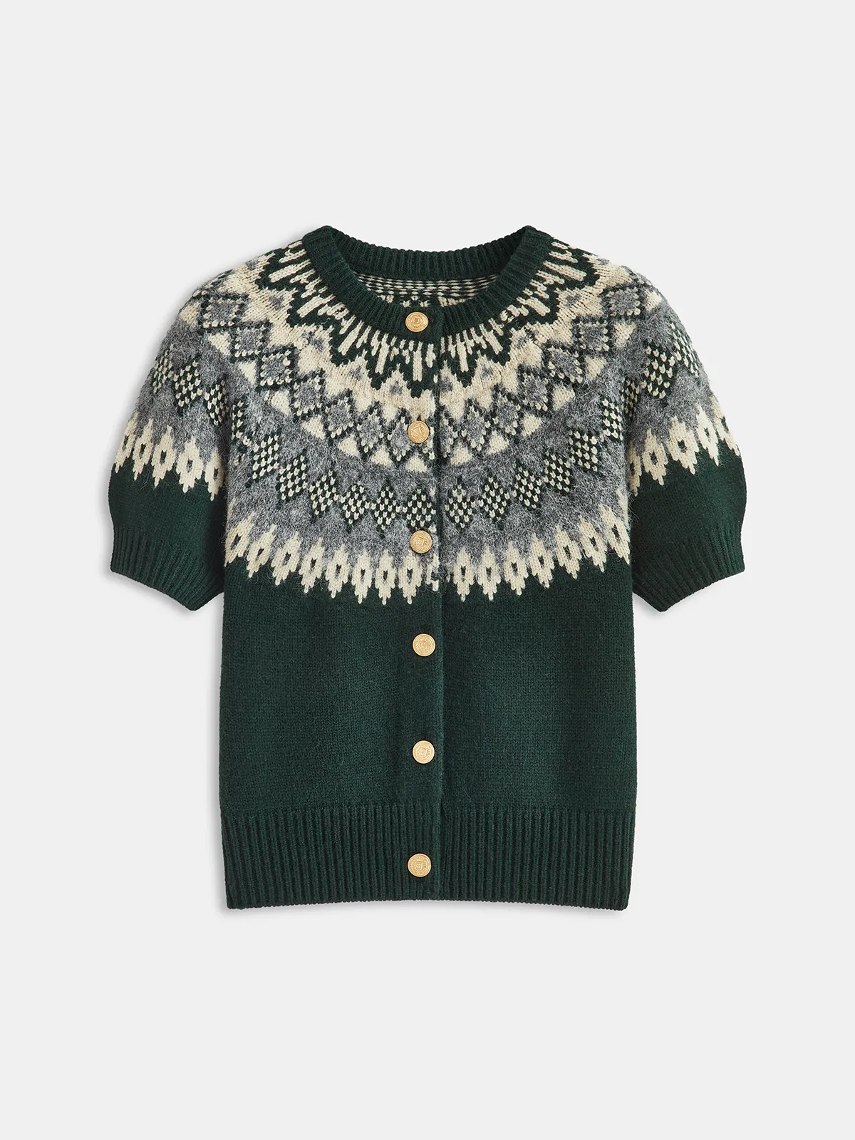 Cashmere-Blend Fair Isle Short-Sleeve Cardigan sold by COMMENSE