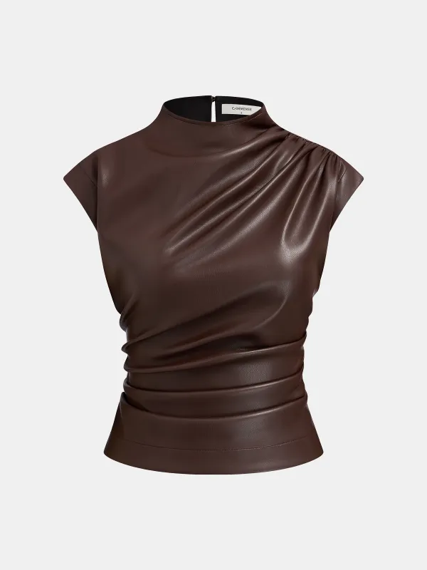 Mock Neck Ruched Cap-Sleeve Faux Leather Top sold by COMMENSE