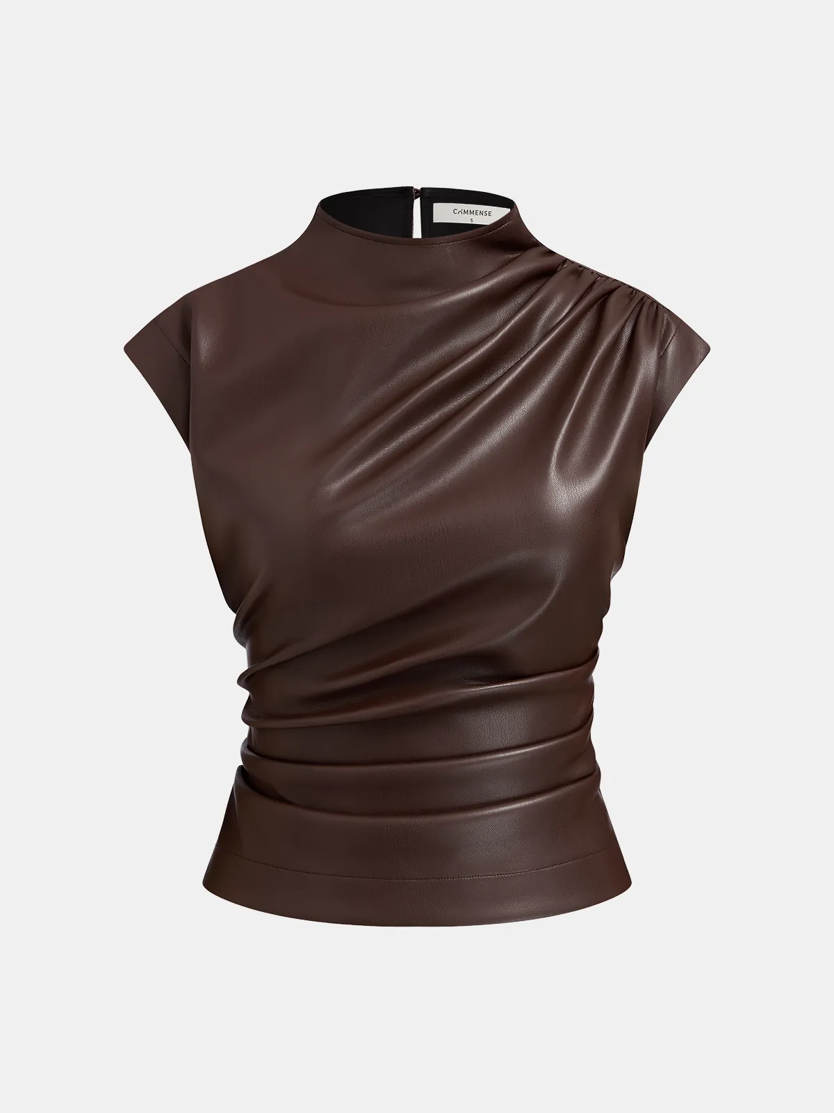 Mock Neck Ruched Cap-Sleeve Faux Leather Top sold by COMMENSE