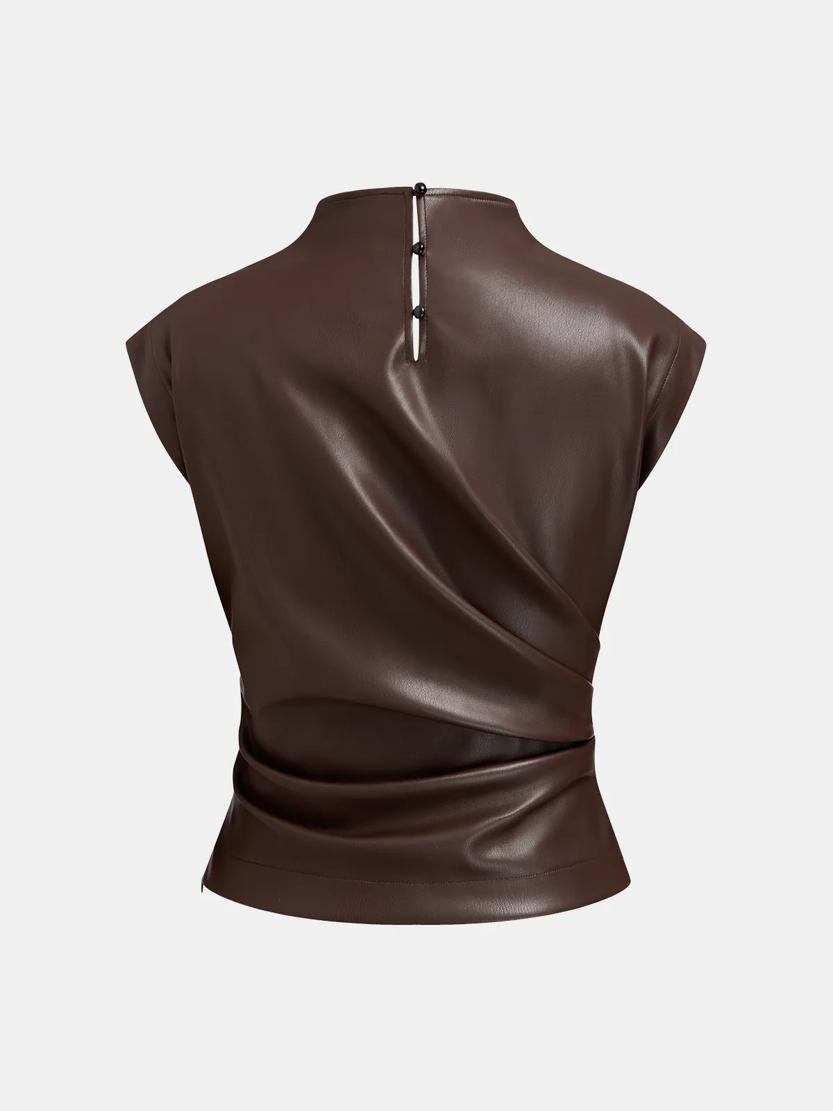 Mock Neck Ruched Cap-Sleeve Faux Leather Top sold by COMMENSE product image thumbnail 2