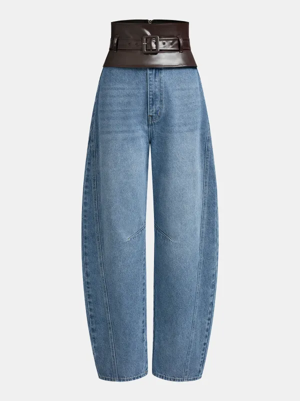 Faux Leather Waistband Denim Curved-Leg Pants sold by COMMENSE