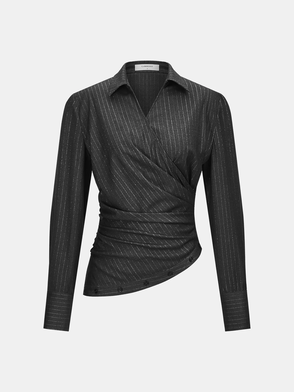 Asymmetric Ruched Pinstripe Shirt sold by COMMENSE