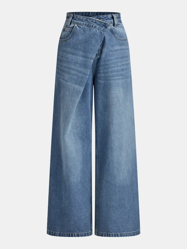 Asymmetric Mid-Waist Wide-Leg Jeans sold by COMMENSE
