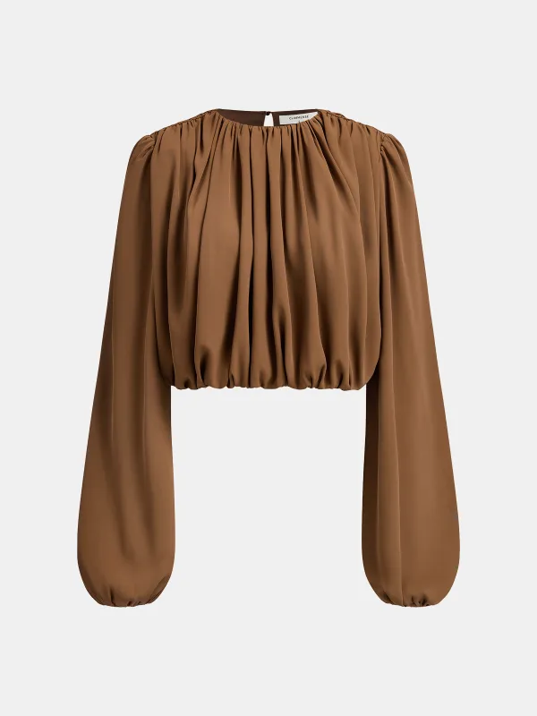 Loose Ruched Puff-Sleeve Cropped Blouse sold by COMMENSE