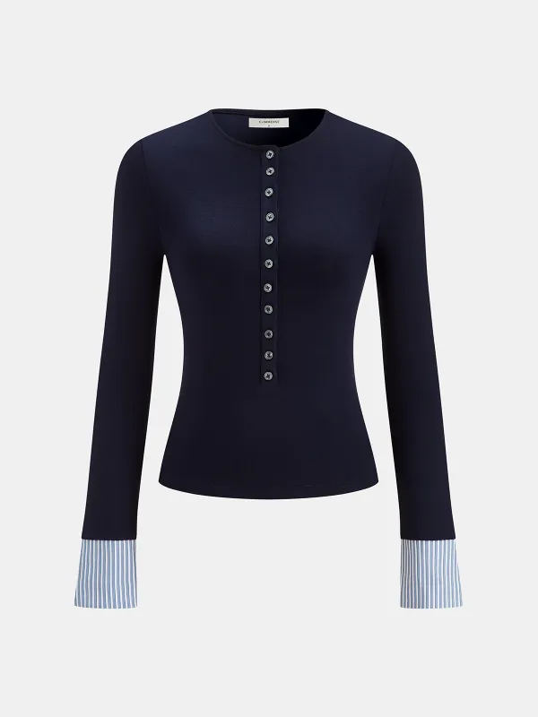 Striped Cuff Henley Neck Long-Sleeve Top sold by COMMENSE