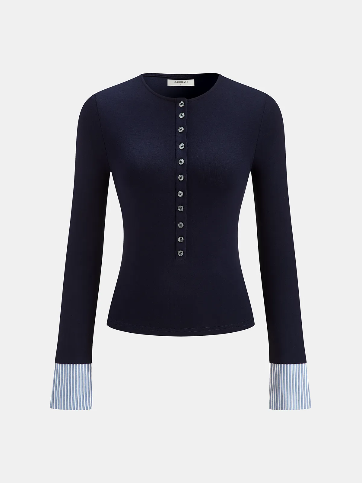 Striped Cuff Henley Neck Long-Sleeve Top sold by COMMENSE