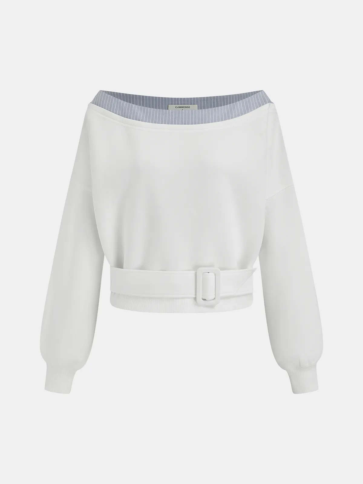 Striped Panel Off-Shoulder Sweatshirt sold by COMMENSE