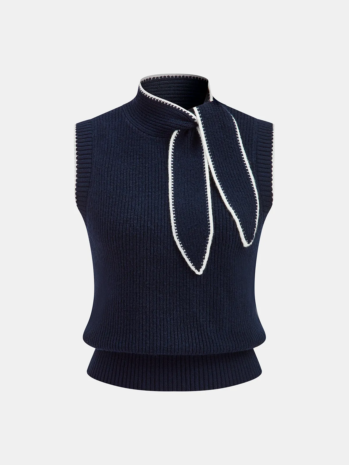 Contrast Trim Tie-Neck Sleeveless Rib-Knit Vest sold by COMMENSE