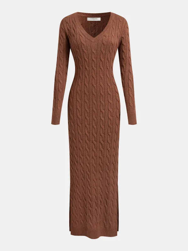 Cable-Knit V-Neck Maxi Sweater Dress sold by COMMENSE