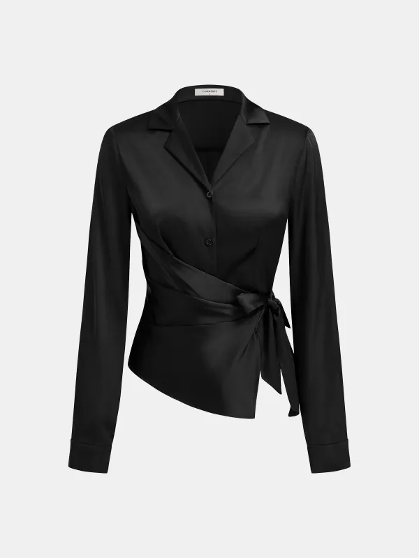 Long Sleeve Lapel Wrap Oversized Satin Shirt sold by COMMENSE