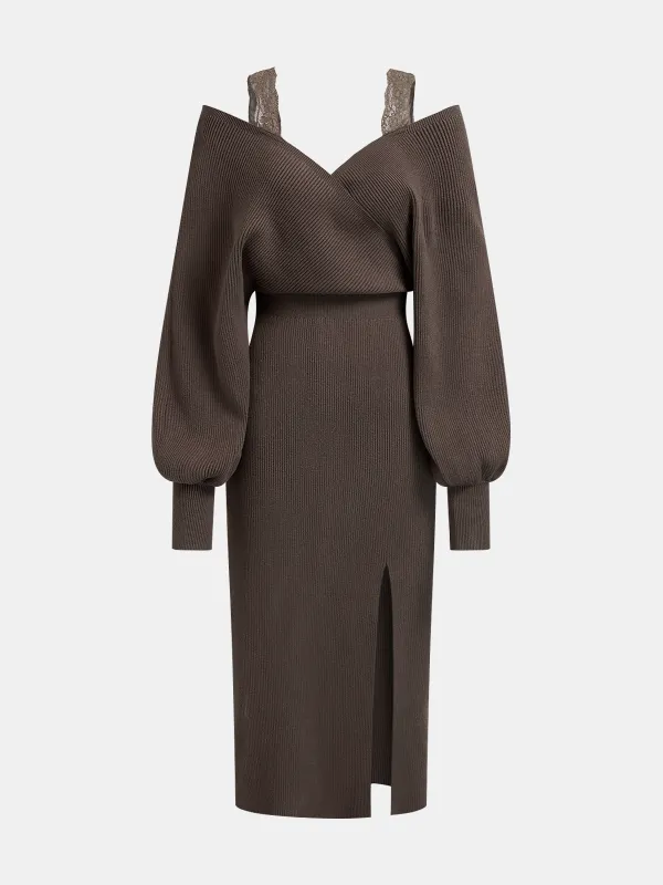 Knit Off-Shoulder Lace Split Midi Dress sold by COMMENSE