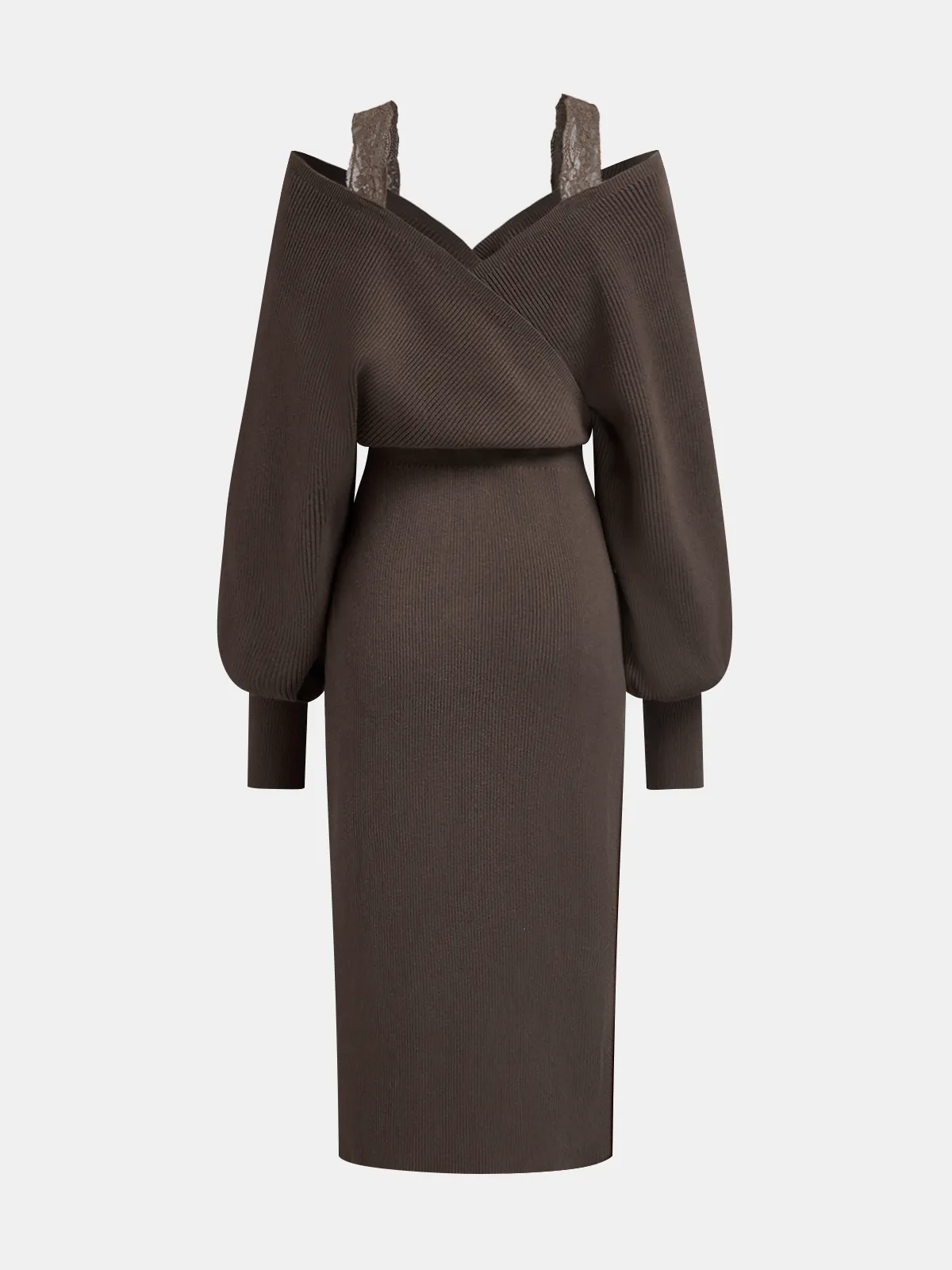 Knit Off-Shoulder Lace Split Midi Dress sold by COMMENSE product image thumbnail 2