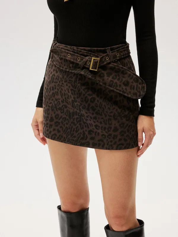 Belted Leopard-Print A-Line Mini Skirt sold by COMMENSE