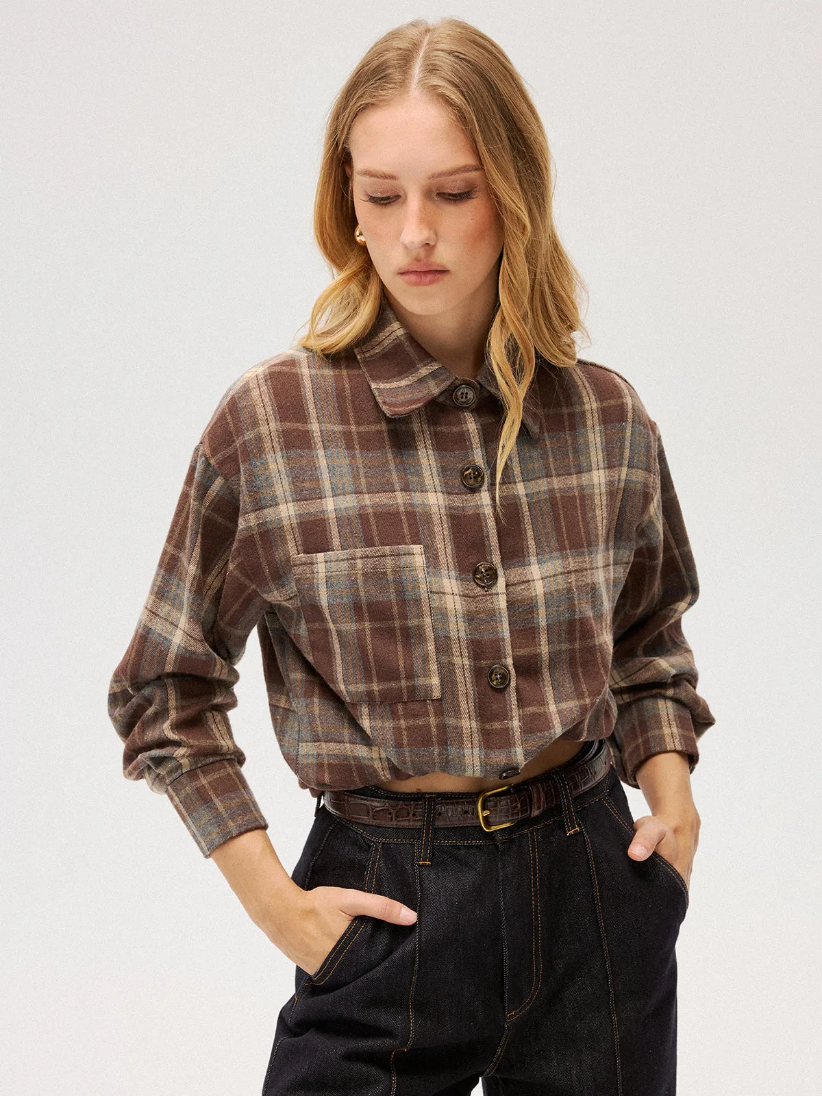 Brushed Plaid Button-Down Shirt sold by COMMENSE