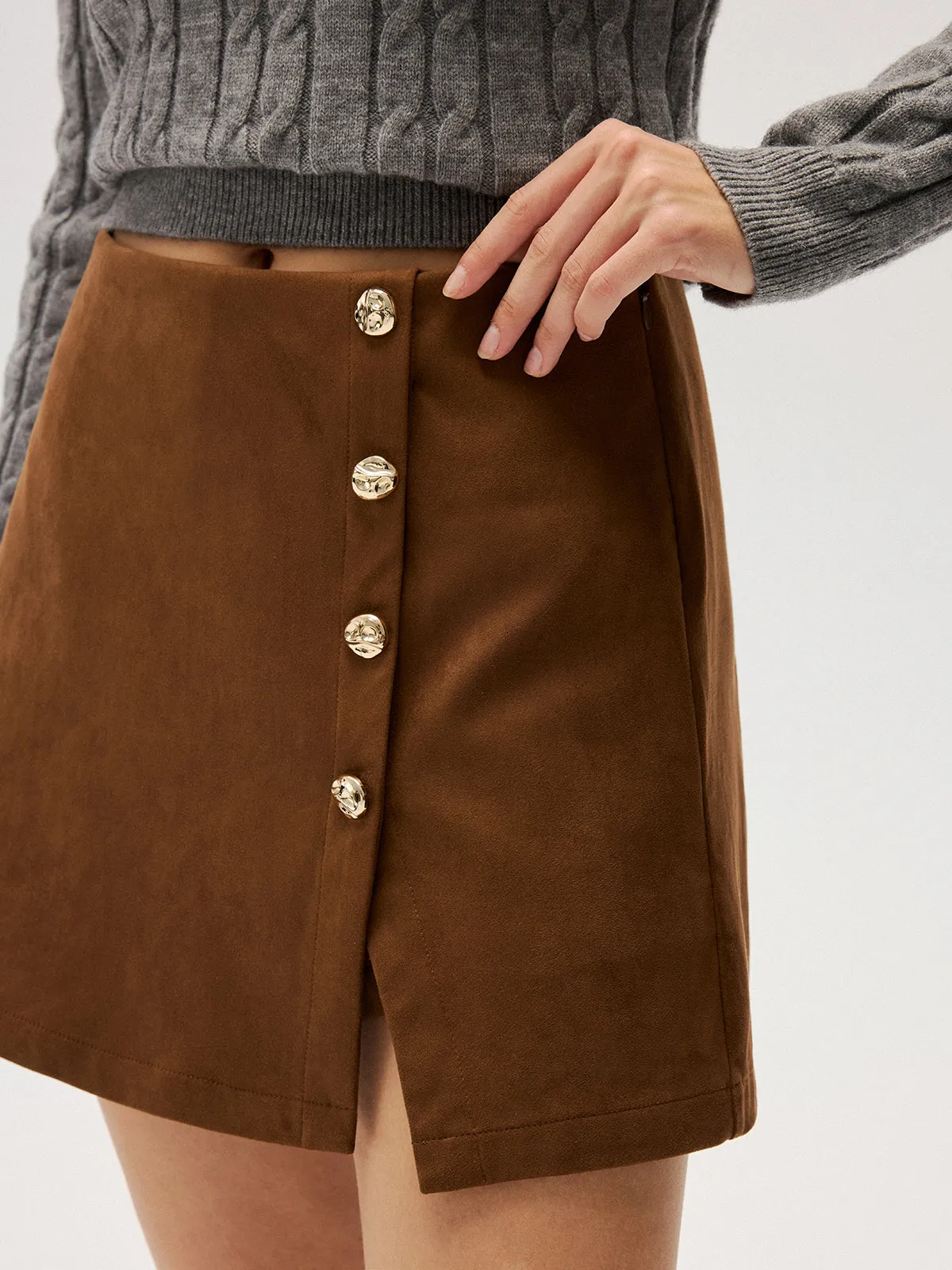 Metal Button Suede Effect Mini Skirt sold by COMMENSE
