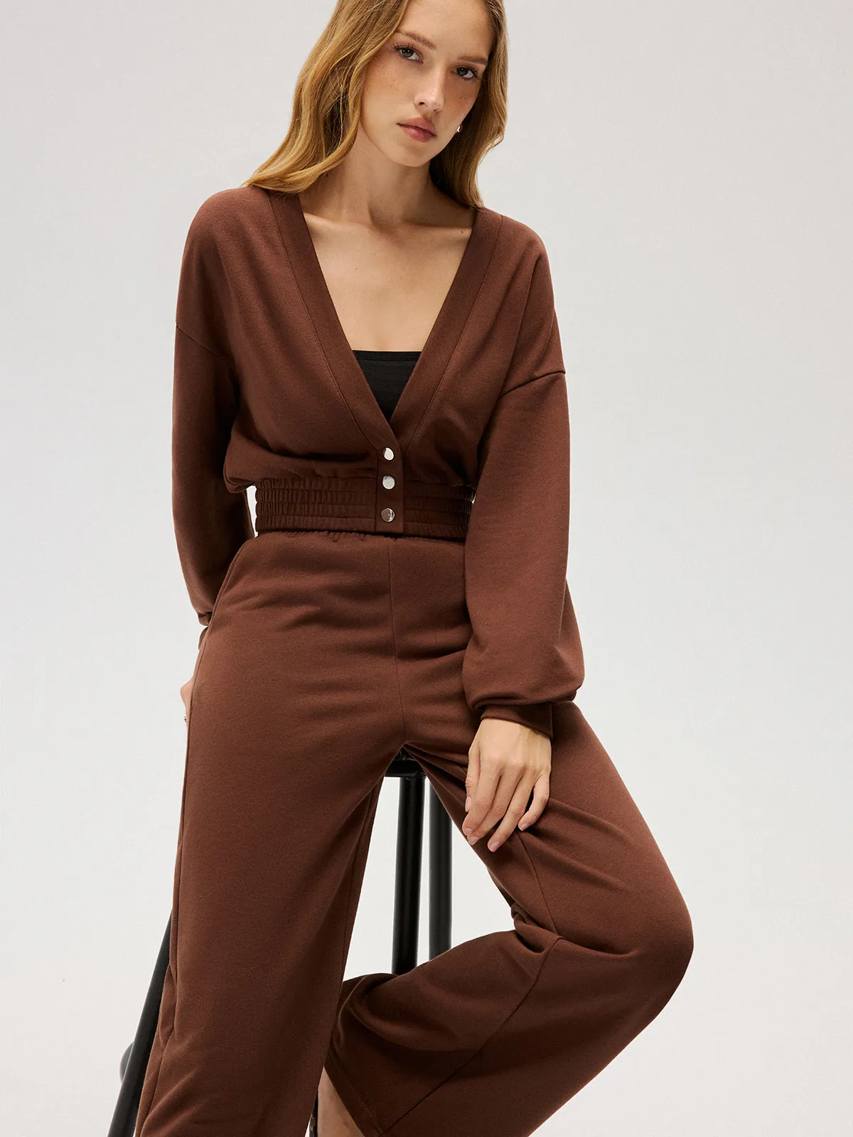 Elastic-Waist Button-Front Cropped Sweatshirt sold by COMMENSE product image thumbnail 4