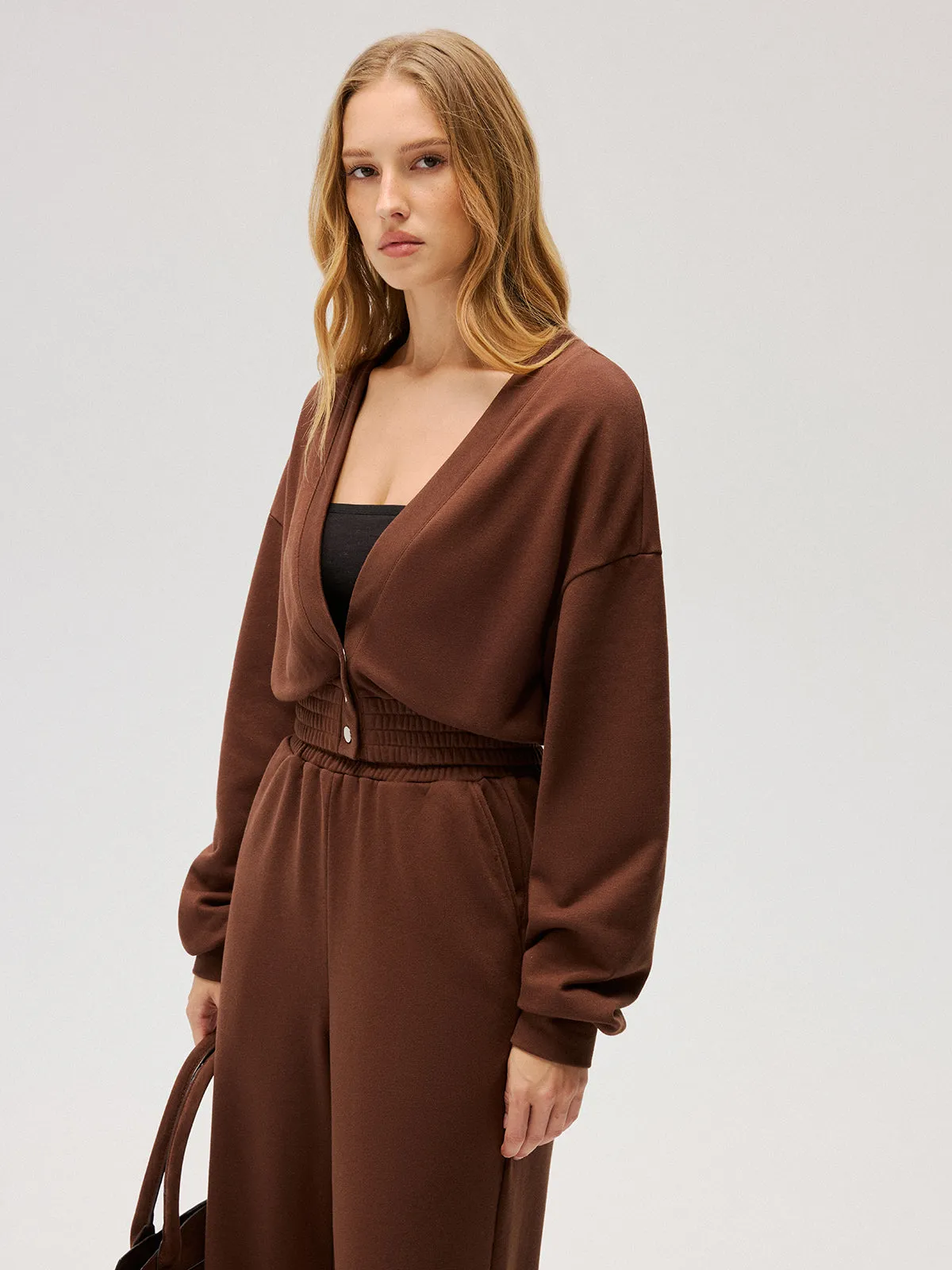 Elastic-Waist Button-Front Cropped Sweatshirt sold by COMMENSE product image thumbnail 2