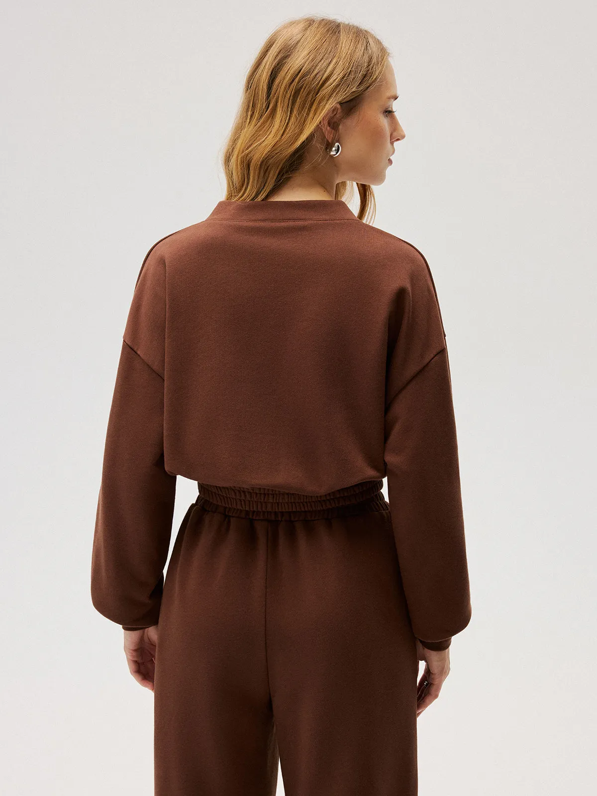 Elastic-Waist Button-Front Cropped Sweatshirt sold by COMMENSE product image thumbnail 5