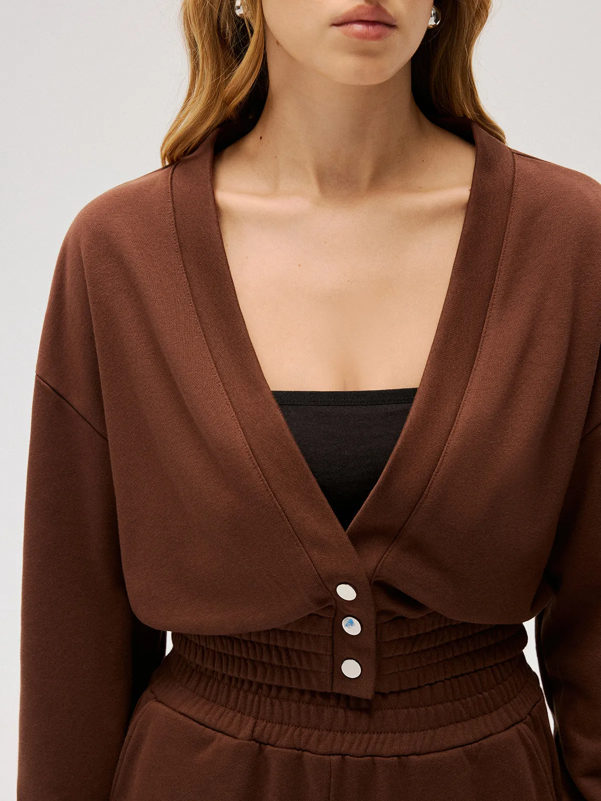 Elastic-Waist Button-Front Cropped Sweatshirt sold by COMMENSE product image thumbnail 3