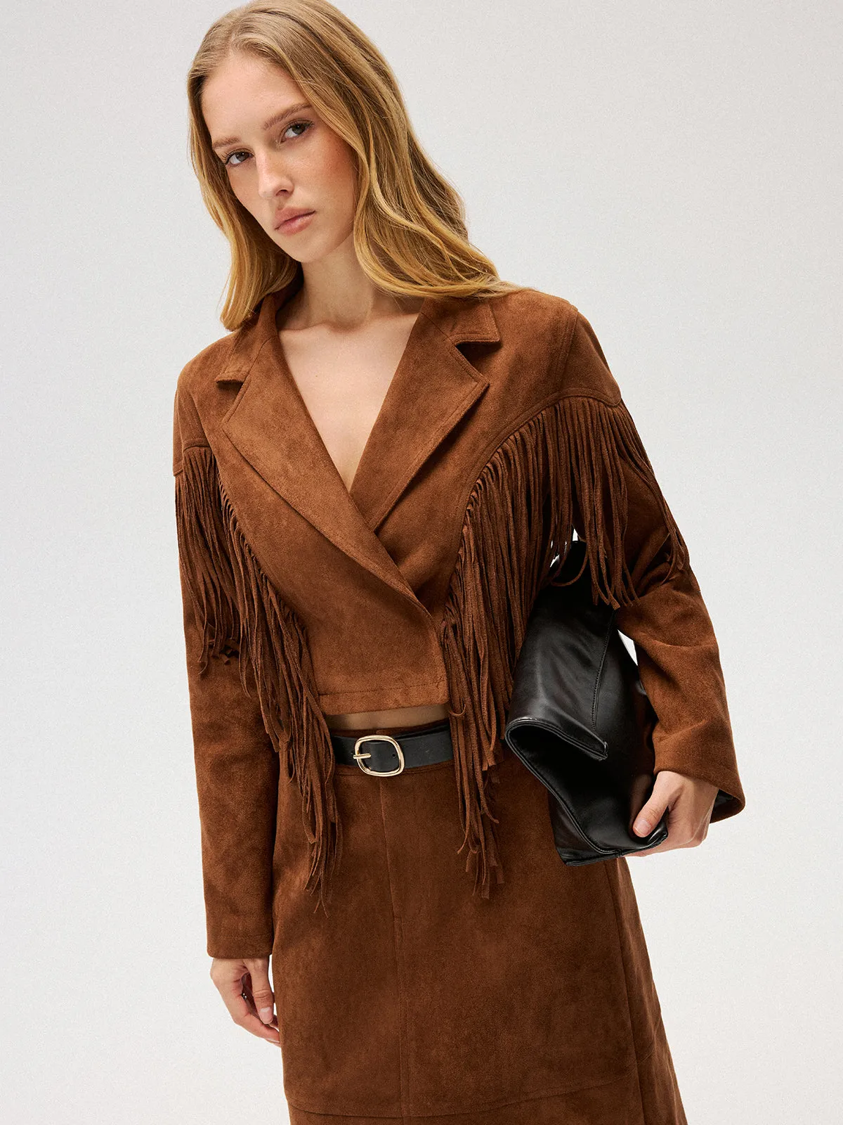 Suede Effect Fringe Cropped Blazer sold by COMMENSE