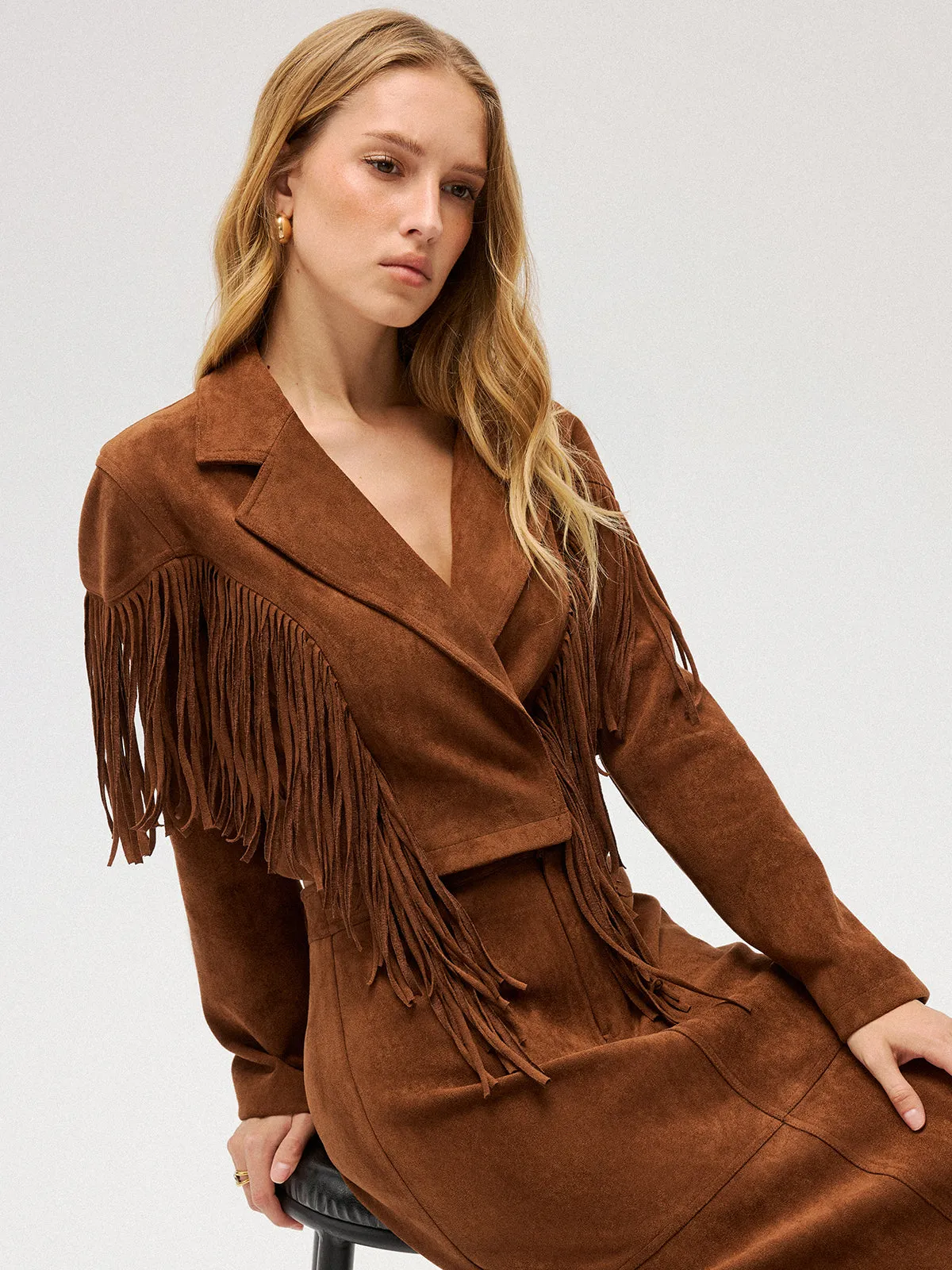 Suede Effect Fringe Cropped Blazer sold by COMMENSE product image thumbnail 2