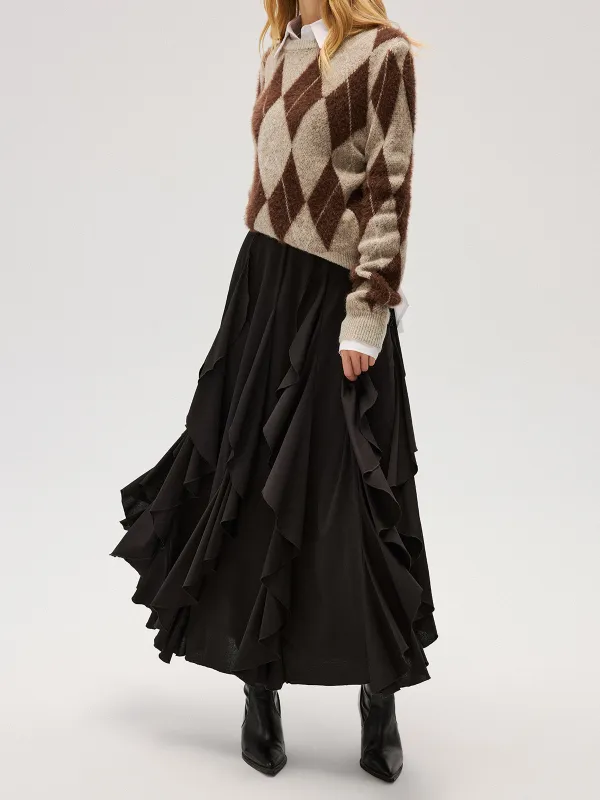 Asymmetrical Ruffle Mesh Maxi Skirt sold by COMMENSE