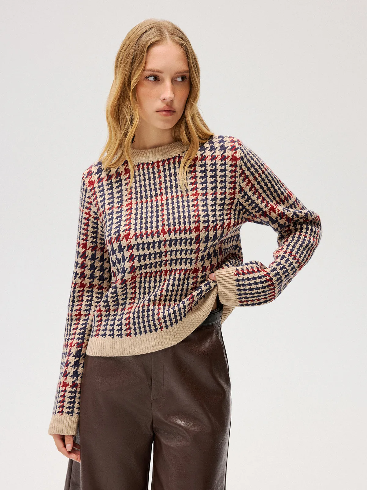 Houndstooth Crew Neck Sweater sold by COMMENSE product image thumbnail 3