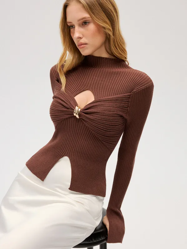 Cut-Out Rib-Knit Mock Neck Top sold by COMMENSE