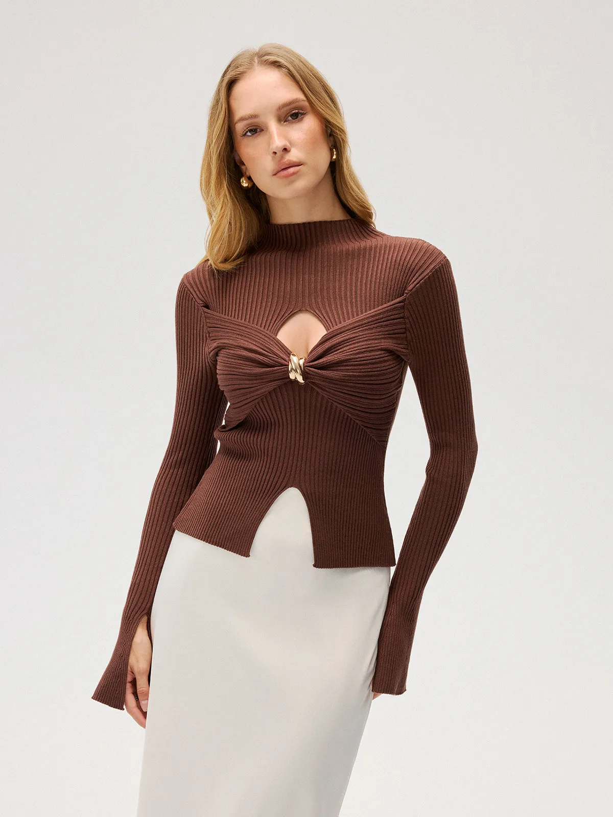 Cut-Out Rib-Knit Mock Neck Top sold by COMMENSE product image thumbnail 3