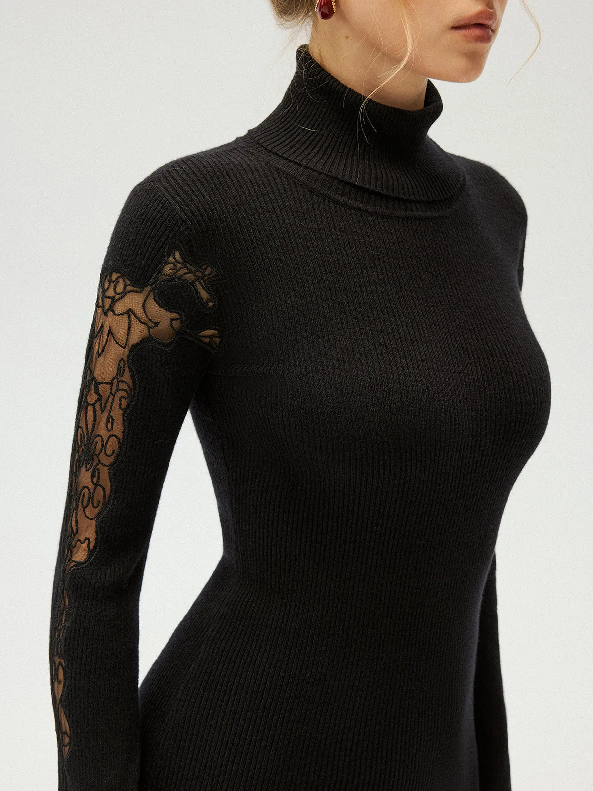 Lace Panel Turtleneck Ribbed Knit Top sold by COMMENSE product image thumbnail 3