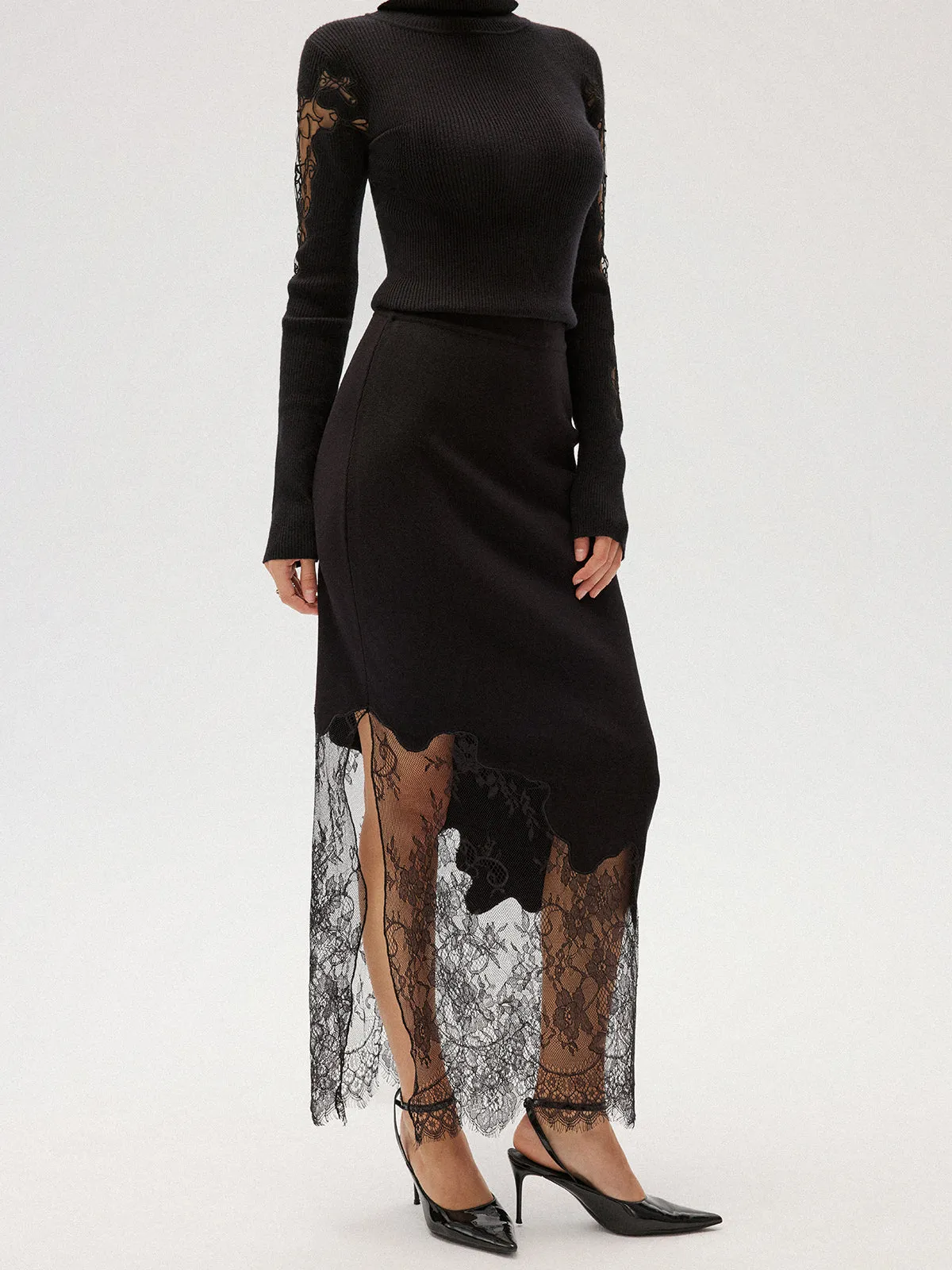 Lace Panel Asymmetric Midi Skirt sold by COMMENSE