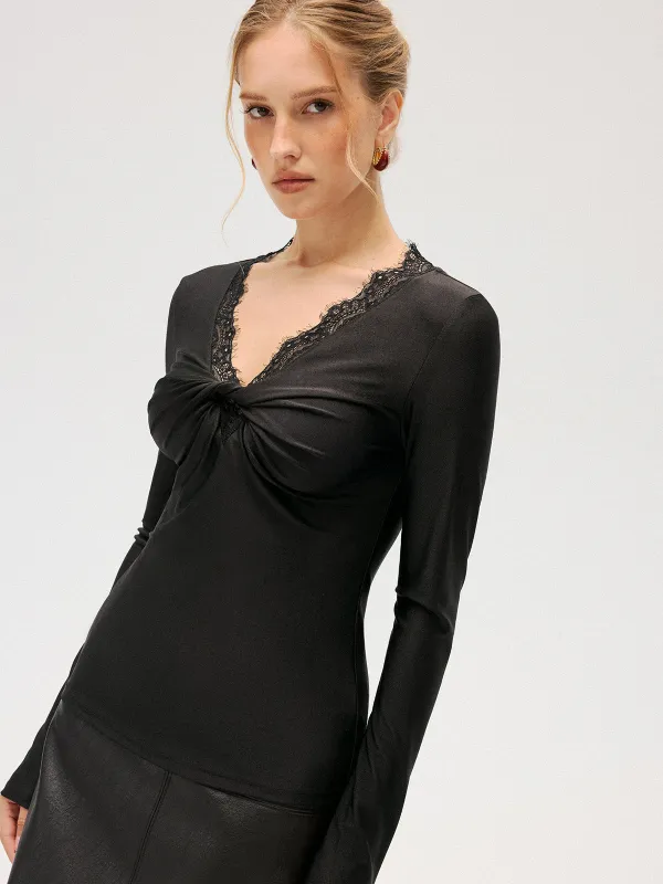 Lace-Trim V-Neck Knot-Front Top sold by COMMENSE