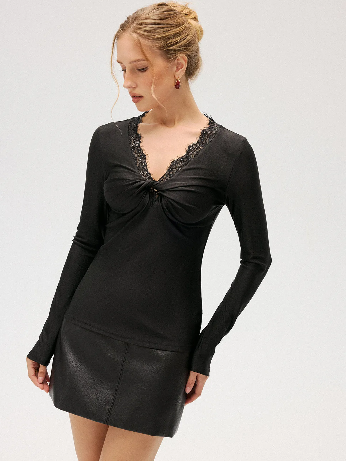 Lace-Trim V-Neck Knot-Front Top sold by COMMENSE product image thumbnail 2