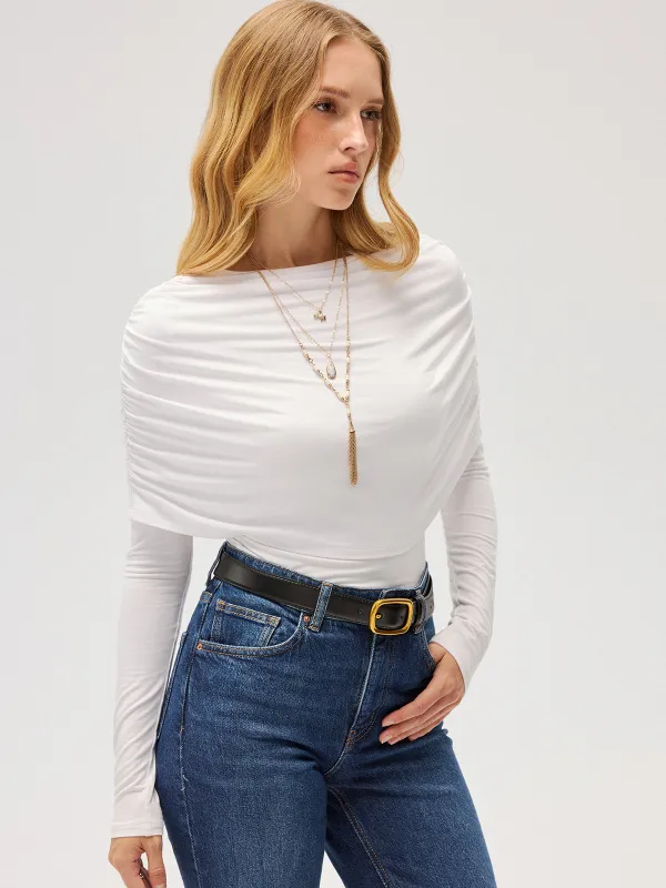 Drape-Shoulder Long-Sleeve Top sold by COMMENSE